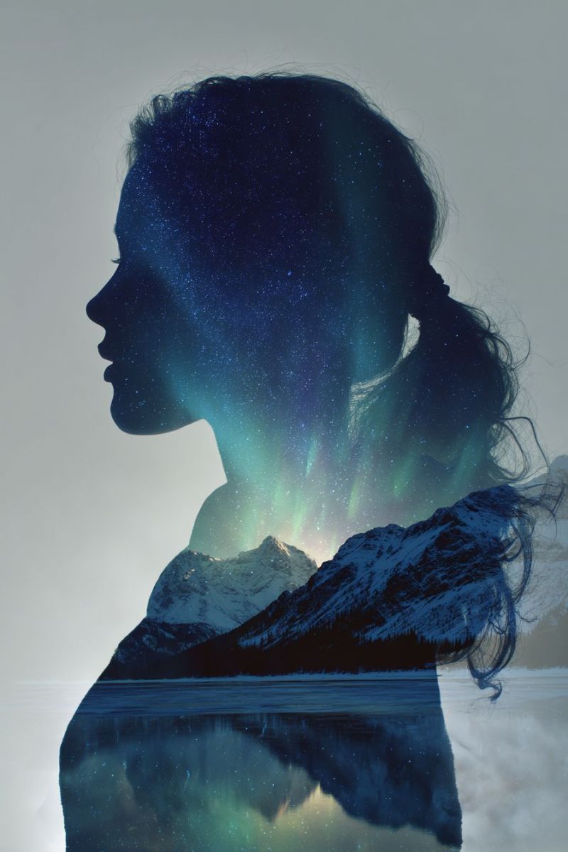 Femme nuit montagne lac reflet ciel etoiles nature beaute reveur mystique inspiration aventure exploration nordique aurore boreale Silhouette d'une femme debout devant un arrière-plan de chaîne de montagnes enneigées. Ses cheveux sont attachés en queue de cheval, et son visage est tourné vers la gauche. Le ciel derrière elle est sombre et rempli d'étoiles, et il y a une trace d'aurore boréale, avec des teintes vertes et roses. La silhouette des montagnes se reflète dans un plan d'eau calme en dessous, créant un effet de miroir. La scène globale est sereine et mystique, avec un sentiment de tranquillité et d'émerveillement.