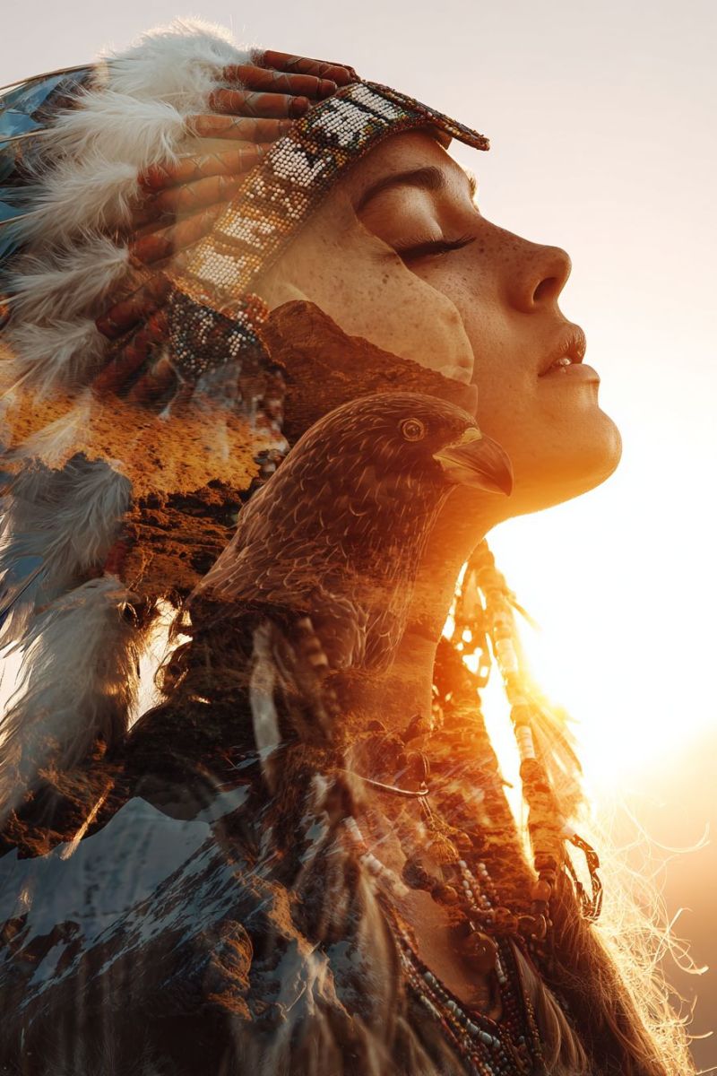 Femme plumes coiffe aigle soleil collier perles tribal indigene spiritualite nature faune culture tradition identite Une femme aux cheveux longs et fluides porte un couvre-chef orné de plumes et de perles. Elle a une expression sereine, les yeux fermés, et son visage est partiellement illuminé par le soleil couchant. Un oiseau, peut-être un aigle, est perché sur son épaule, ajoutant à l'atmosphère mystique. Le fond est un mélange de tons terreux, suggérant un cadre naturel. L'image transmet un sentiment de tranquillité et de connexion avec la nature.
