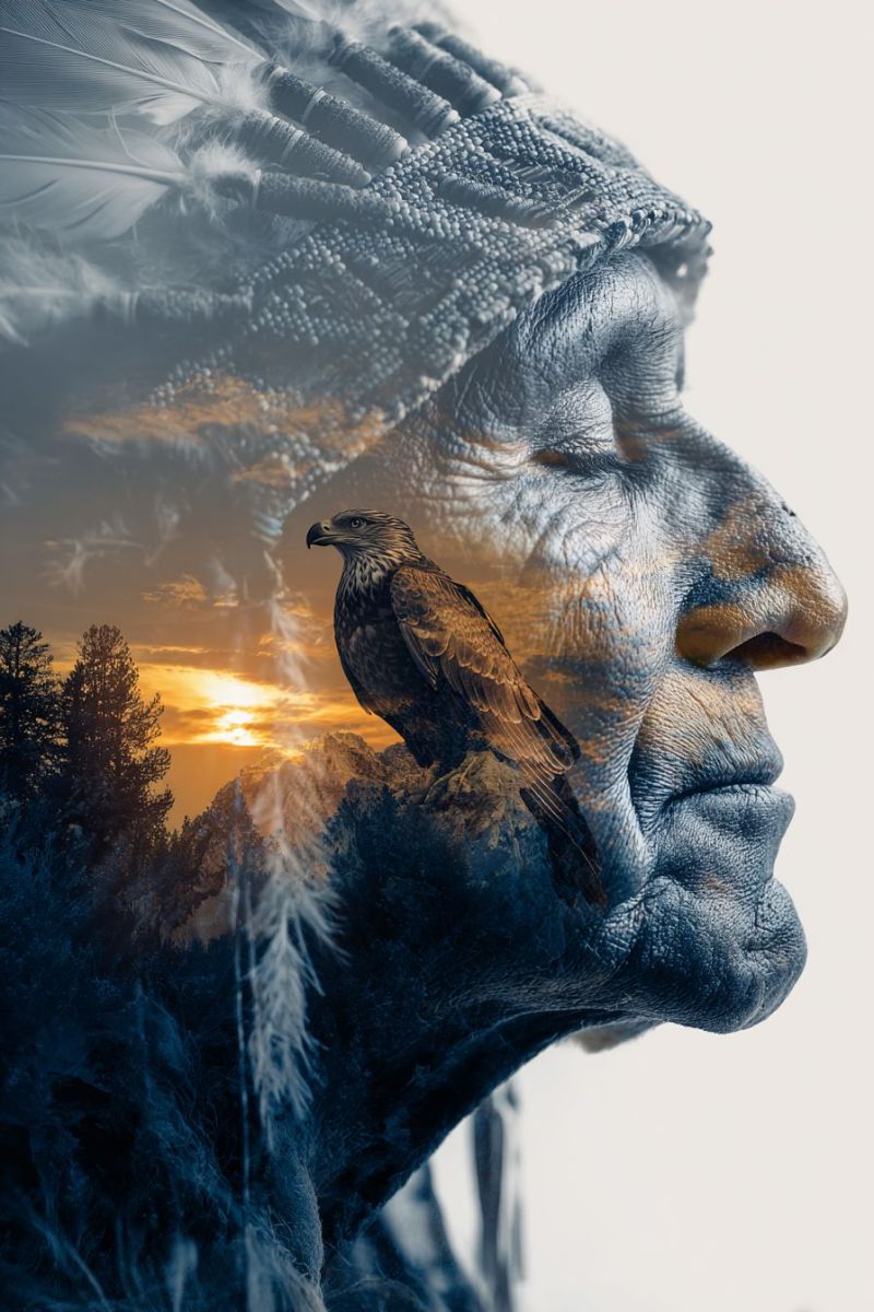 Eagle feather head sun mountain tree sky feathers nature wildlife bird hawk close-up of an elderly person's face, with a bird perched on their shoulder. The bird appears to be a hawk or eagle, with a mix of brown and white feathers. The person's face is partially obscured by the bird, and their eyes are closed. The background is a blend of a sunset and a mountain landscape, with the sun setting behind the mountains. The image has a surreal and dreamlike quality, with the person's face and the bird appearing to be superimposed over the landscape.
