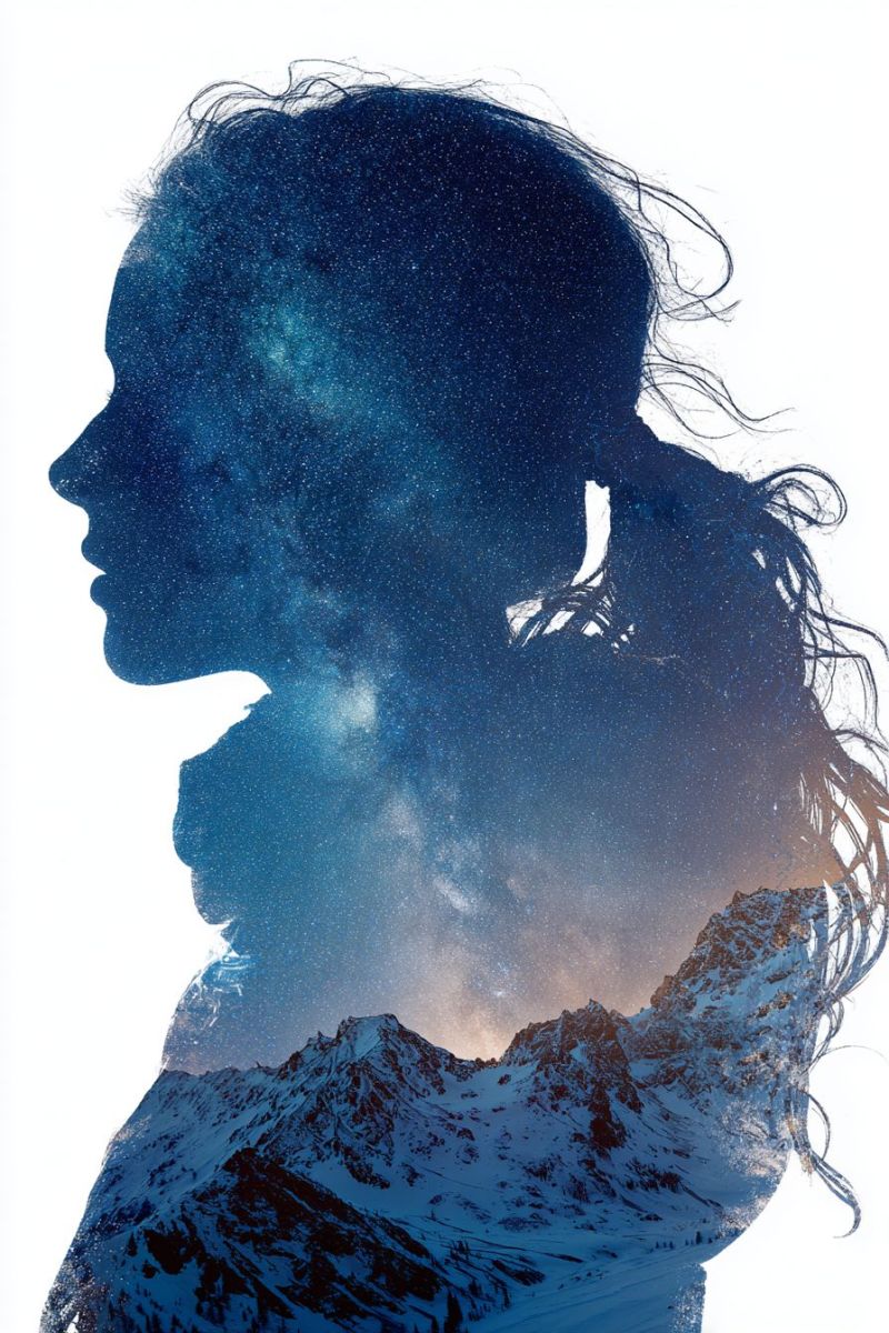 Mountain sky night star space galaxy cloud dark hairstyle haircut silhouette of a woman standing against a back of a starry night sky. Her hair flows freely, and she appears to be gazing towards the horizon. The sky is filled with countless stars, creating a sparkling effect. Below her, there is a mountainous landscape covered in snow, with the peaks of the mountains reaching upwards. The entire scene is set against a white background, enhancing the contrast of the silhouette and the starry sky.