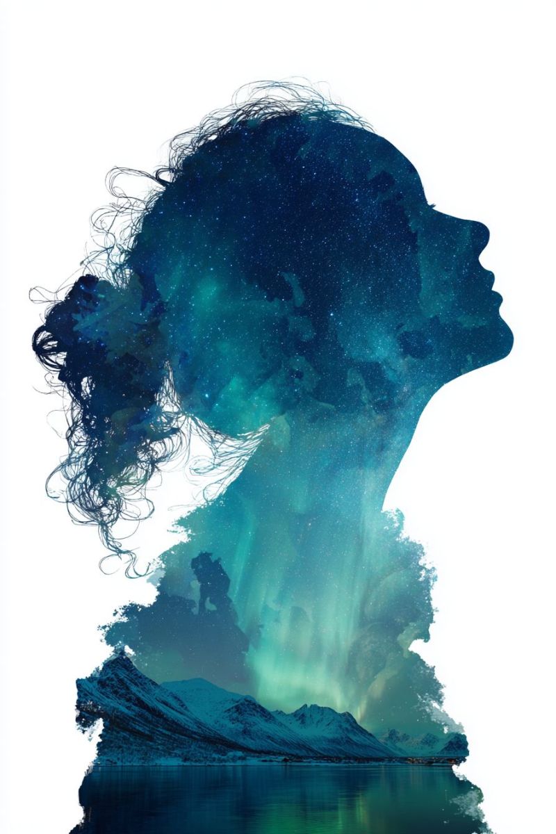 Woman night sky stars mountains lake water reflection nature green blue dark painting aurora borealis silhouette of a woman with flowing hair against a back of a night sky filled with stars and the aurora borealis. The woman's hair appears to be blowing in the wind, adding a dynamic element to the scene. The sky is a deep blue with scattered stars and a vibrant green aurora that stretches across the top of the image. Below the silhouette, there is a serene landscape with mountains partially covered in snow and a calm body of water reflecting the sky's colors. The overall effect is one of tranquility and natural beauty.