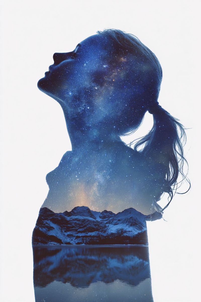 Girl night sky mountain reflection water lake stars space galaxy universe nighttime dark silhouette of a woman looking upward, her face and hair blending into a starry night sky. Her hair is tied in a ponytail, and her silhouette is set against a back of a serene, snowy mountain range with a calm lake reflecting the mountains and stars. The sky is filled with stars, creating a dreamy and ethereal atmosphere. The entire scene is set against a white background, emphasizing the contrast between the dark silhouette and the bright, starry sky.