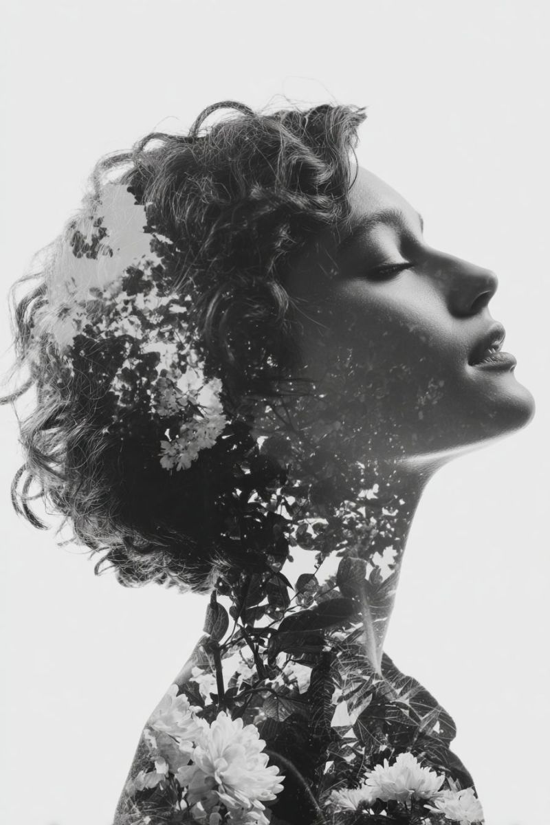 Beauty fashion elegant chic minimalism creative inspiration inspirational moody mood vibes aesthetic blend of her face and various plants, including flowers and leaves, creating a surreal and artistic effect. The background is a gradient of light to dark, enhancing the contrast between the woman and the natural elements.