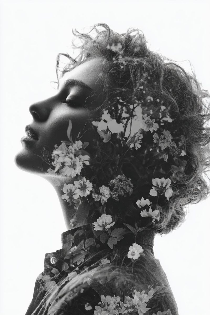 Beaute elegant chic creatif inspiration prise Un portrait en noir et blanc d'une femme aux cheveux bouclés, son visage partiellement caché par un bouquet de fleurs. Les fleurs sont éparpillées dans ses cheveux et sur ses épaules, se mélangeant parfaitement avec sa peau. Elle regarde vers la gauche, les yeux fermés et les lèvres légèrement entrouvertes. Le fond est un mur uni de couleur claire.