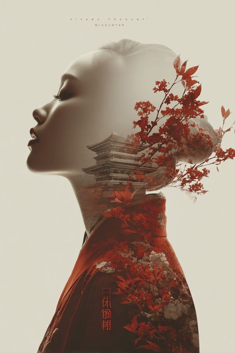 Woman red hairstyle haircut design cut styling product tool technique review tutorial tips inspiration ideas A woman's profile is shown in a red dress with intricate patterns, her hair styled in a traditional manner adorned with red leaves. Her face is partially obscured by a translucent overlay of a temple, with red leaves and branches framing her head. The background is a soft beige, and there are red and white Chinese characters on the left side of the image.