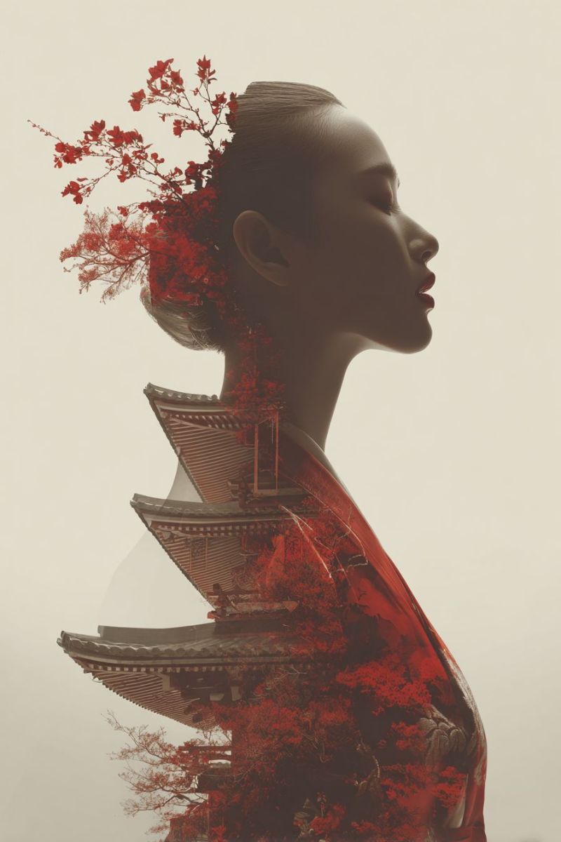 Woman profile red temple architecture building structure traditional culture beauty elegance fashion nature fall autumn season woman with her head tilted to the side, her eyes closed, and her lips slightly parted. She is wearing a traditional red kimono with intricate patterns. Her hair is styled in a bun adorned with red leaves, and her face is partially obscured by a red, leafy overlay. Behind her, there is a blurred image of a pagoda, a traditional Japanese building with multiple tiers, also covered in red leaves. The background is a soft, light gray, creating a serene and mystical atmosphere.