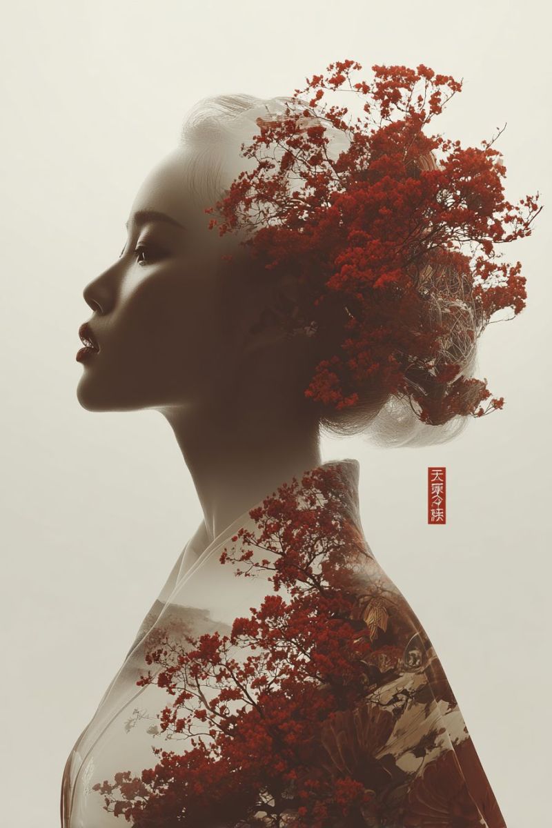 Femme rouge fleur visage coiffure beaute elegance geisha traditionnel japonaise culture decoratif Profil d'une femme, son visage partiellement obscurci par un arrangement floral rouge vif qui couvre ses cheveux et s'étend jusqu'à ses épaules. Le motif floral est complexe, avec de petites fleurs rouges délicates et des feuilles. Le teint de la femme est clair, et ses cheveux semblent coiffés en un chignon traditionnel, avec les fleurs ajoutant une touche moderne et artistique. L'arrière-plan est un gris doux et neutre, offrant un contraste avec le rouge vif des fleurs. La composition globale est élégante et artistique, mettant l'accent sur l'interaction entre les éléments naturels et la forme humaine.
