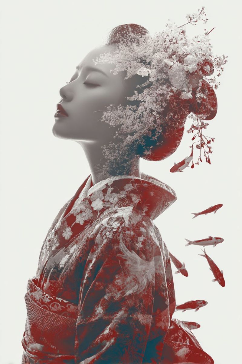 Femme rouge fleurs poissons nage beaute elegance traditionnel japonais kimono decoratif nature Une femme vêtue d'un kimono japonais traditionnel rouge et blanc aux motifs floraux complexes est représentée dans un style monochrome. Ses cheveux sont coiffés en un chignon élaboré orné de fleurs blanches, et son visage est tourné de côté les yeux fermés. Autour de sa tête, il y a des fleurs blanches flottantes et des poissons koi rouges et blancs, ajoutant une touche surréaliste et artistique à l'image. Le fond est uni et blanc, mettant en valeur le sujet.