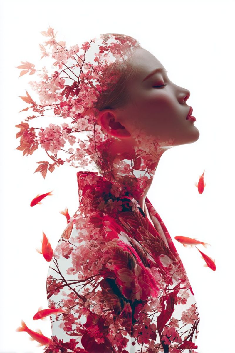 Femme rouge fleurs poisson beaute creatif design elegance decoratif moderne chic tendance inspiration visuel Le visage et le haut du corps d'une femme sont représentés dans un style artistique surréaliste. Son visage est tourné de côté et ses yeux sont fermés. Elle est entourée d'un mélange de cerisiers en fleurs roses et de feuilles rouges, qui semblent faire partie de sa silhouette. Le fond est d'un blanc doux et plusieurs poissons rouges flottent autour d'elle, ajoutant à la qualité onirique de l'image. L'effet global est éthéré et d'un autre monde, avec la forme de la femme fusionnant harmonieusement avec les éléments naturels.
