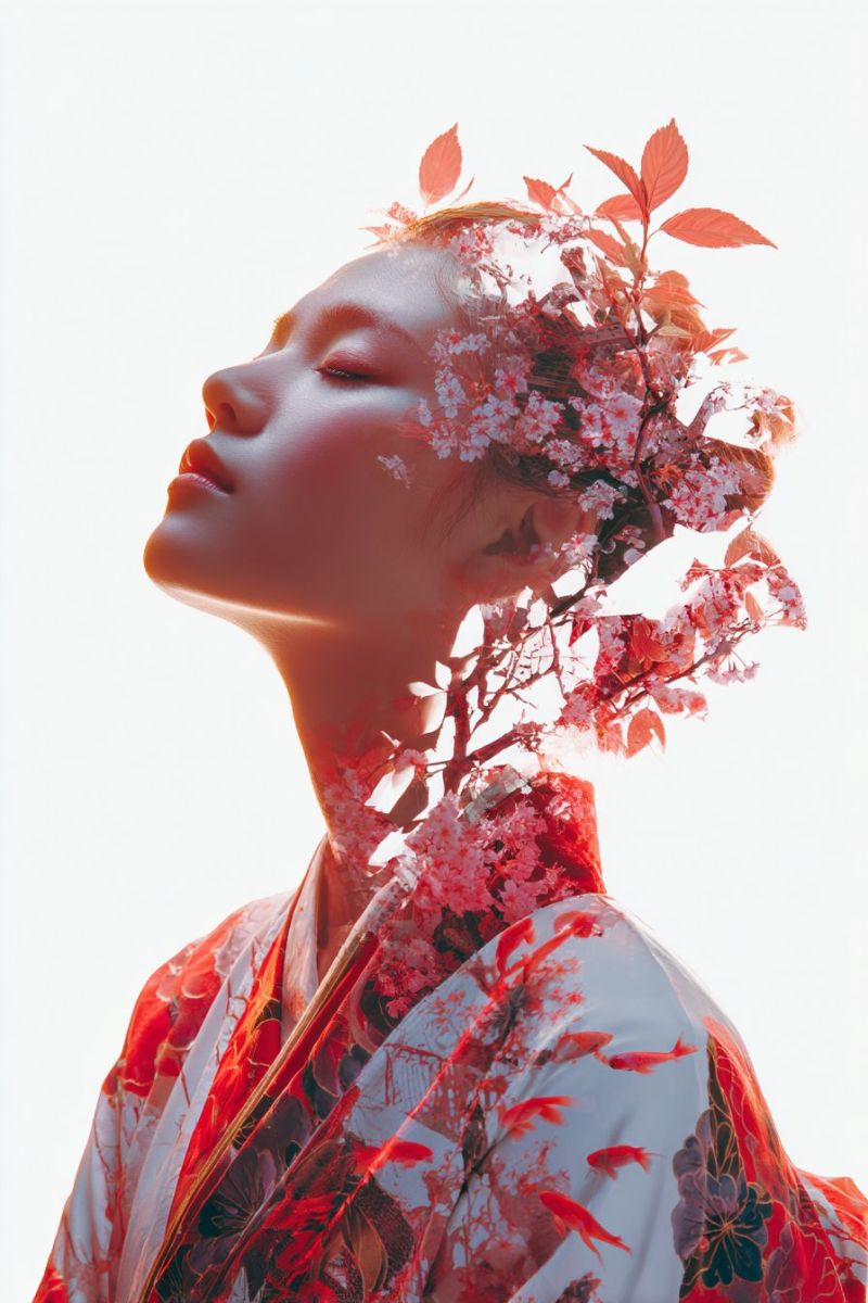 Woman kimono red flowers leaves pink design pattern A woman with her eyes closed, wearing a traditional Japanese kimono adorned with red and white floral patterns. Her hair is styled with a mix of red and pink cherry blossoms, creating a surreal and artistic effect. The background is a soft, light-colored gradient, enhancing the ethereal quality of the image.