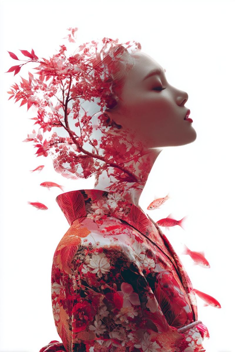 Woman red fashion beauty elegant dress gown floral pattern fish leaves branch nature A woman with her eyes closed, her profile facing left, is dressed in a red and white floral kimono. Her hair is styled in a way that resembles a tree with red leaves, and there are small red fish floating around her, adding a whimsical touch. The background is a plain white, emphasizing the vibrant colors of the woman and the fish.