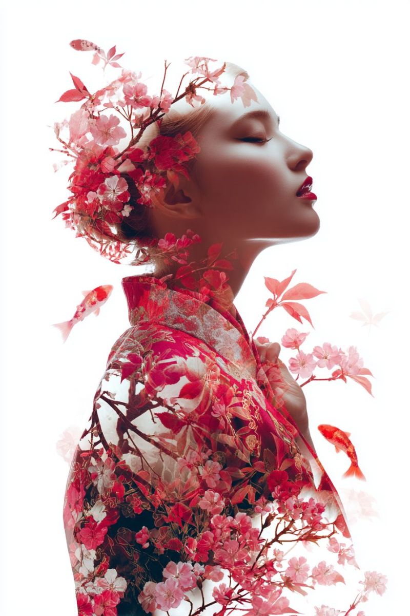 Woman fashion beauty red floral elegant gorgeous flowers fish decorative traditional japanese kimono A woman with her eyes closed, wearing a traditional red and white garment adorned with intricate floral patterns. Her hair is styled with a crown of cherry blossoms, and her face is framed by delicate pink petals. Two golden fish float around her, adding a touch of whimsy to the scene. The background is a soft, blurred white, enhancing the focus on the woman and the floral elements.
