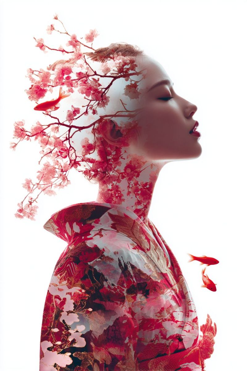 Beaute bourgeon branche cerise composition decoratif design elegant floral fleur fusion fille graphique Une femme les yeux fermés, portant un kimono à motifs rouges et blancs, semble flotter dans les airs. Ses cheveux sont ornés de cerisiers en fleurs roses, et trois poissons rouges nagent autour d'elle. Le fond est blanc, et l'image a une qualité surréaliste et onirique.