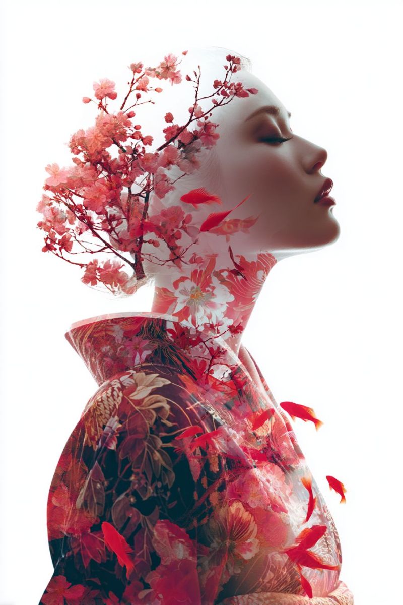 Femme rouge fleurs poisson feuilles petales robe Le profil d'une femme est représenté avec les yeux fermés, ses cheveux ornés de cerisiers roses et de poissons rouges flottant autour d'elle. Elle porte un kimono japonais traditionnel à motif floral, se fondant harmonieusement avec les éléments floraux et les poissons. Le fond est d'un blanc uni, mettant en valeur les couleurs vives des fleurs et des poissons.