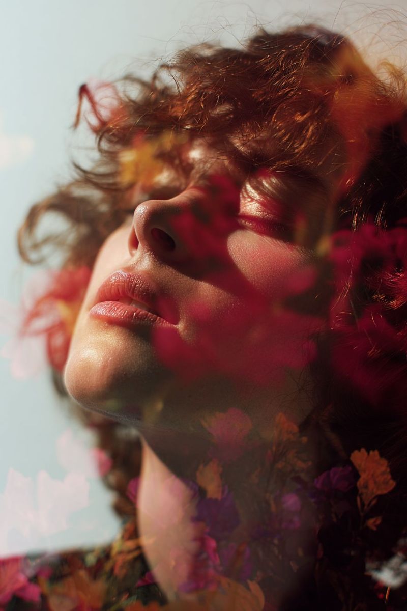 Woman flowers red pink yellow beauty fashion makeup hairstyle floral natural elegant A close-up portrait of a woman with curly hair, her eyes closed, and her face partially obscured by a vibrant array of red and purple flowers. The flowers are scattered across her face and hair, creating a dreamy and ethereal effect. The background is blurred, with hints of blue and white, suggesting a sunny day. The woman's lips are slightly parted, and her skin has a soft, glowing quality. The overall mood of the image is serene and poetic.
