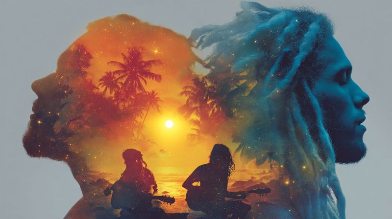 Guitare musique plage coucher soleil duo musiciens performance creativite harmonie nature reflexion melodie rythme inspiration culture vie palmiers L'image présente deux personnes aux cheveux longs et tressés, leurs visages partiellement obscurcis par un arrière-plan vibrant et coloré. L'arrière-plan est un mélange de couleurs chaudes et froides, avec un coucher ou lever de soleil au milieu, créant un effet de dégradé allant de l'orange au bleu. Les silhouettes de deux personnes jouant de la guitare sont positionnées devant le coucher de soleil, ajoutant un élément musical à la scène. La composition globale est en couches, avec les visages des deux individus apparaissant superposés au coucher de soleil et aux guitaristes, créant un sentiment de profondeur et de mouvement.