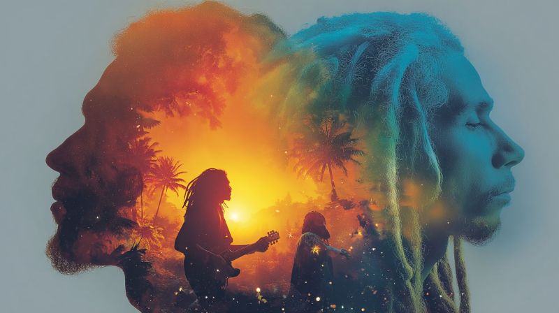 Man guitar music musician guitarist guitarists guitaristic vibrant and layered design with a central focus on two figures playing guitars. The background is a blend of warm and cool colors, creating a sunset effect with hues of orange, yellow, and blue. Silhouettes of palm trees and a setting sun are visible, adding to the tropical ambiance. The two figures are positioned in the foreground, one with dreadlocks playing a guitar and the other with a beard playing a guitar as well. Their faces are partially obscured by the overlay of a man's face, which is depicted in a gradient of blue and yellow, blending into the background. The overall composition is dynamic, with the figures appearing to move and blend into the colorful backdrop.