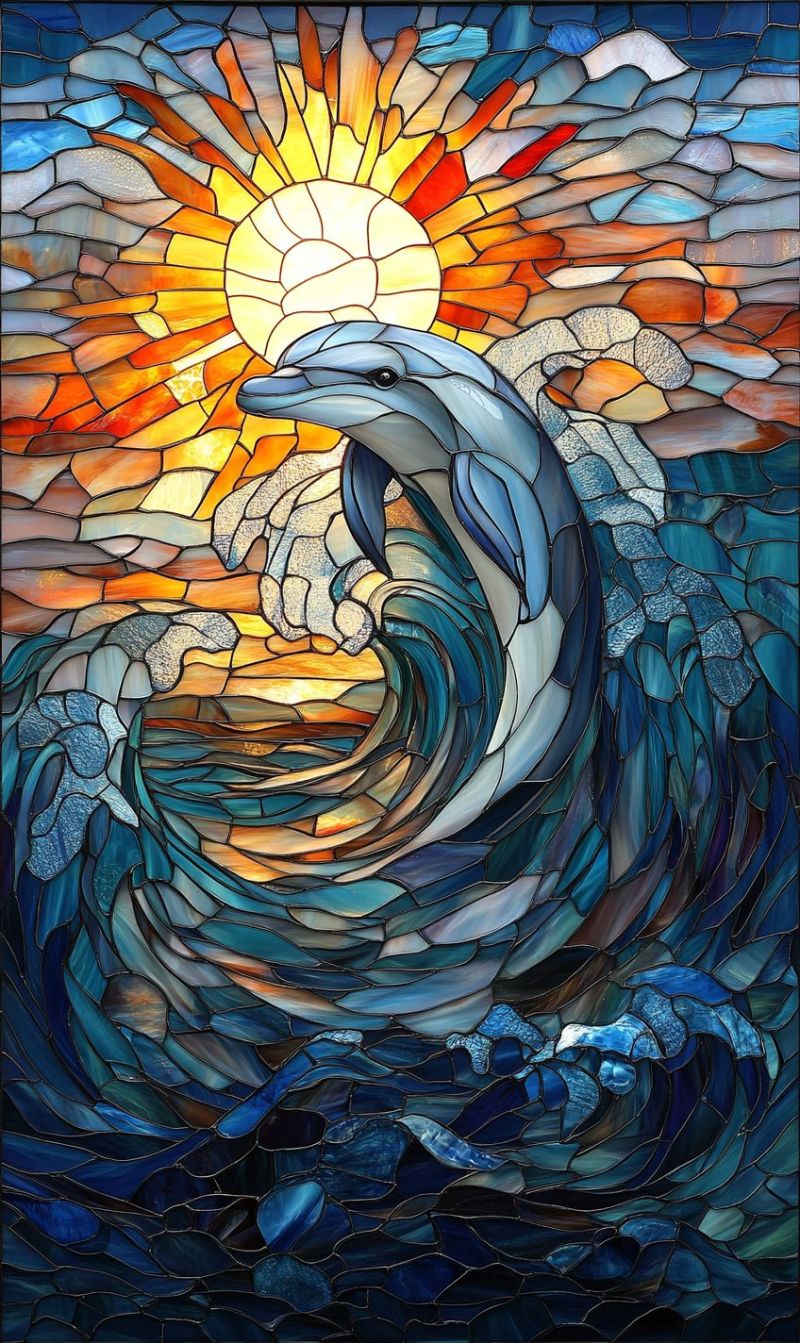 Stained glass whale sunset ocean dolphin sun clouds nature horizon blue green sky sea mosaic decoration window marine life professional photograph with a focus on artistic and colorful styling.