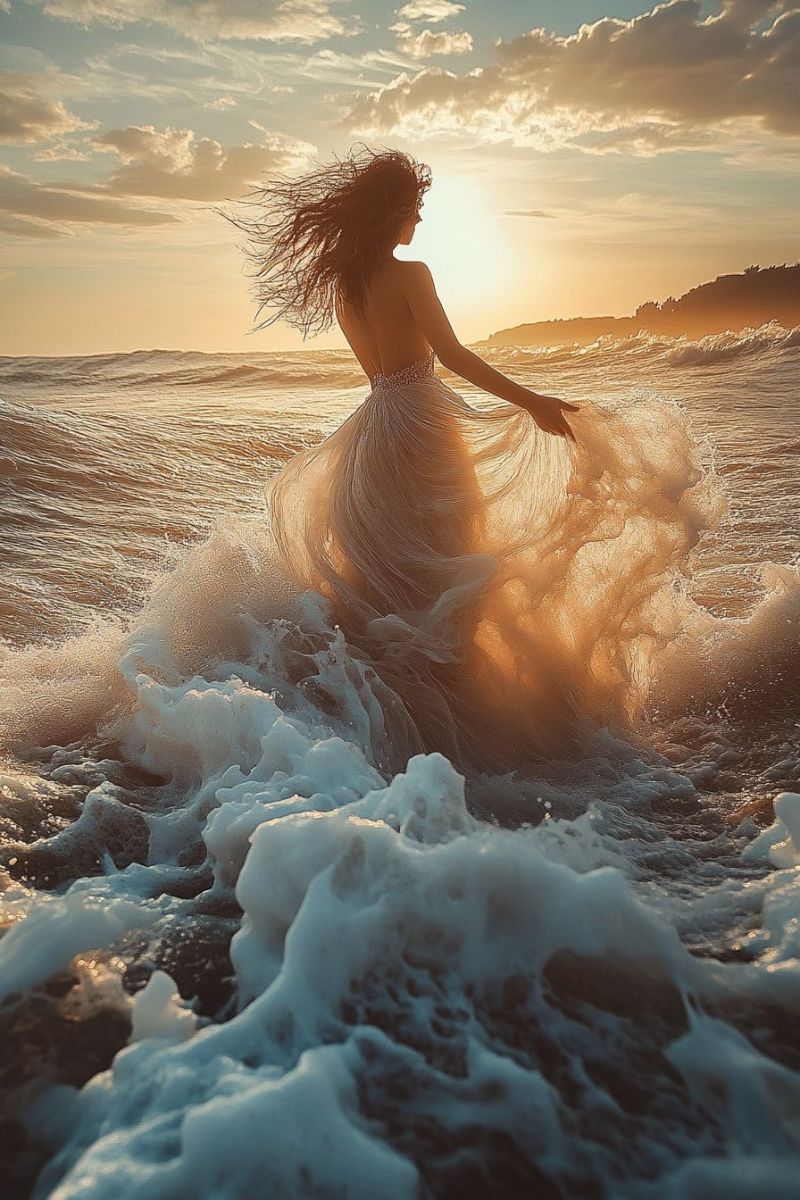 Sunset coastal ocean female beach sunrise exposure waves crashing water droplets mid air woman against testament to the beauty of natural landscapes and the transient experience of being in that moment.