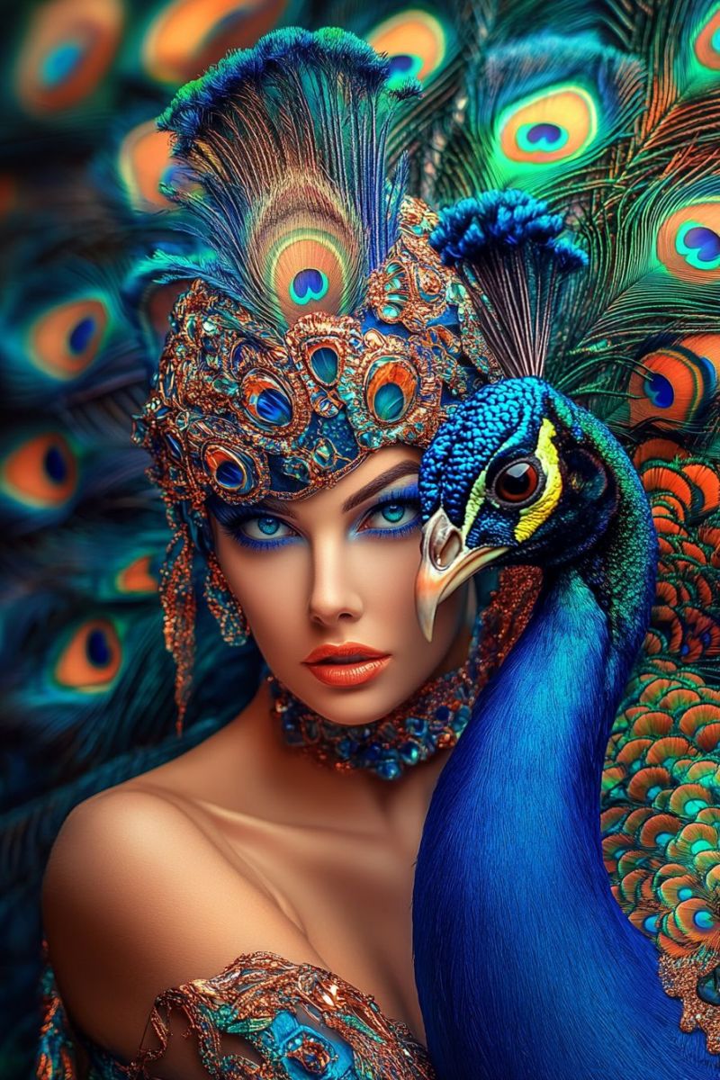Woman peacock feathers jewelry makeup costume fashion beauty eyeliner eyeshadow lipstick necklace dress headband crown A woman with striking blue eyes and red lips is adorned with a headdress made of peacock feathers, blending human and bird elements. The headdress features intricate designs with blue and gold hues, and the woman's face is framed by peacock feathers. A peacock stands beside her, its vibrant blue and green plumage contrasting with the woman's attire. The background is a blur of peacock feathers in various colors, creating a rich, textured backdrop.