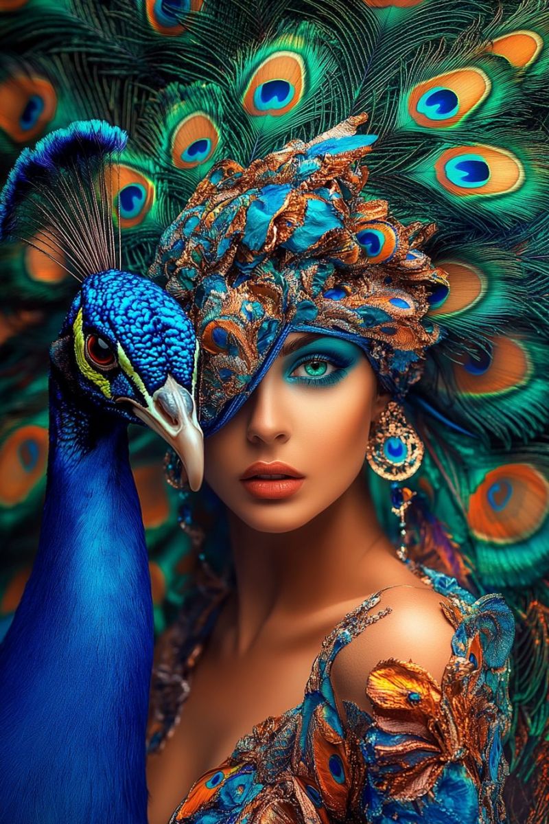 Peacock woman feathers costume makeup fashion jewelry earrings dress eyes lips hair headband beauty accessories A woman dressed in a peacock-themed costume stands next to a peacock. The woman's face is painted with blue eyeshadow and red lips, and she wears a headdress adorned with peacock feathers. The peacock's feathers are vibrant, featuring shades of blue, green, and orange. The woman's costume includes a blue and gold dress with intricate feather designs, and she wears large, ornate earrings. The background is blurred, focusing attention on the woman and the peacock.