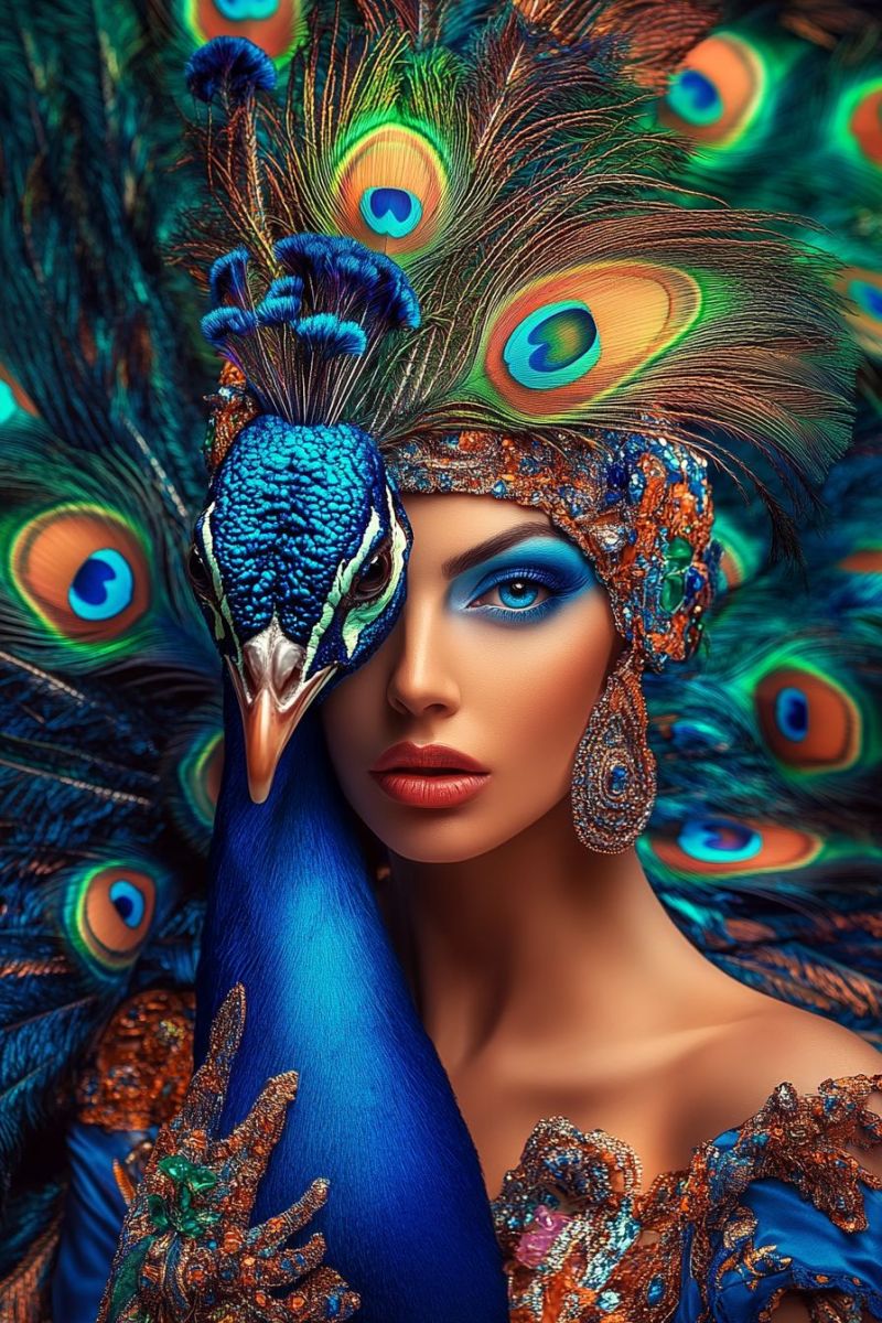 Woman peacock feathers makeup costume jewelry fashion beauty eyes lips hair dress accessories earrings headband necklace outfit A woman dressed in a vibrant, ornate costume adorned with peacock feathers is holding a peacock. The peacock's feathers are a mix of blue, green, and gold, and they are spread out around the woman's head and shoulders. The woman's face is painted with blue eyeshadow and red lipstick, and she has a headdress with peacock feathers on it. The peacock's head is resting on the woman's shoulder, and its beak is touching her cheek. The background is blurry, and it seems to be a forest.