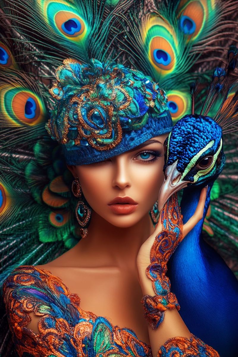 Woman peacock feathers hat earrings dress jewelry fashion beauty elegance luxury makeup accessories colorful glamour A woman with a peacock feather headdress and dress stands close to a peacock. The woman's face is adorned with makeup, including eyeshadow and lipstick. She wears large earrings and has her hand on the peacock's neck. The peacock's feathers are vibrant, with shades of blue, green, and gold. The background is a mix of peacock feathers and a blurred effect.