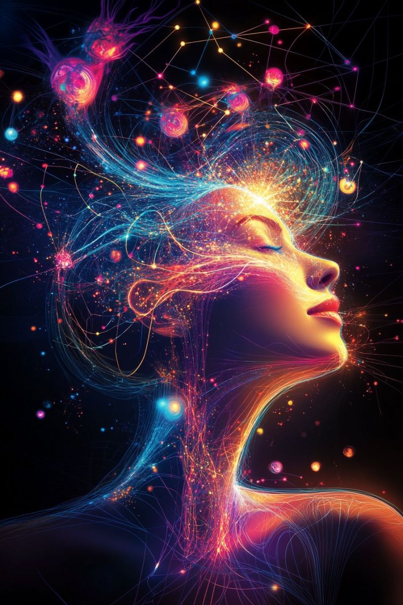 Beauty blue bright colorful concept dream energy fantasy glow hair imagination magic meditation mind woman's face with her eyes closed, surrounded by a vibrant, abstract background. Her hair flows upwards, blending into a network of glowing lines and dots in various colors, including blue, pink, yellow, and orange. The background is a mix of swirling patterns and glowing orbs, creating a dynamic and colorful scene. The woman's face is illuminated by a bright light, and her skin has a glowing effect, adding to the ethereal atmosphere.
