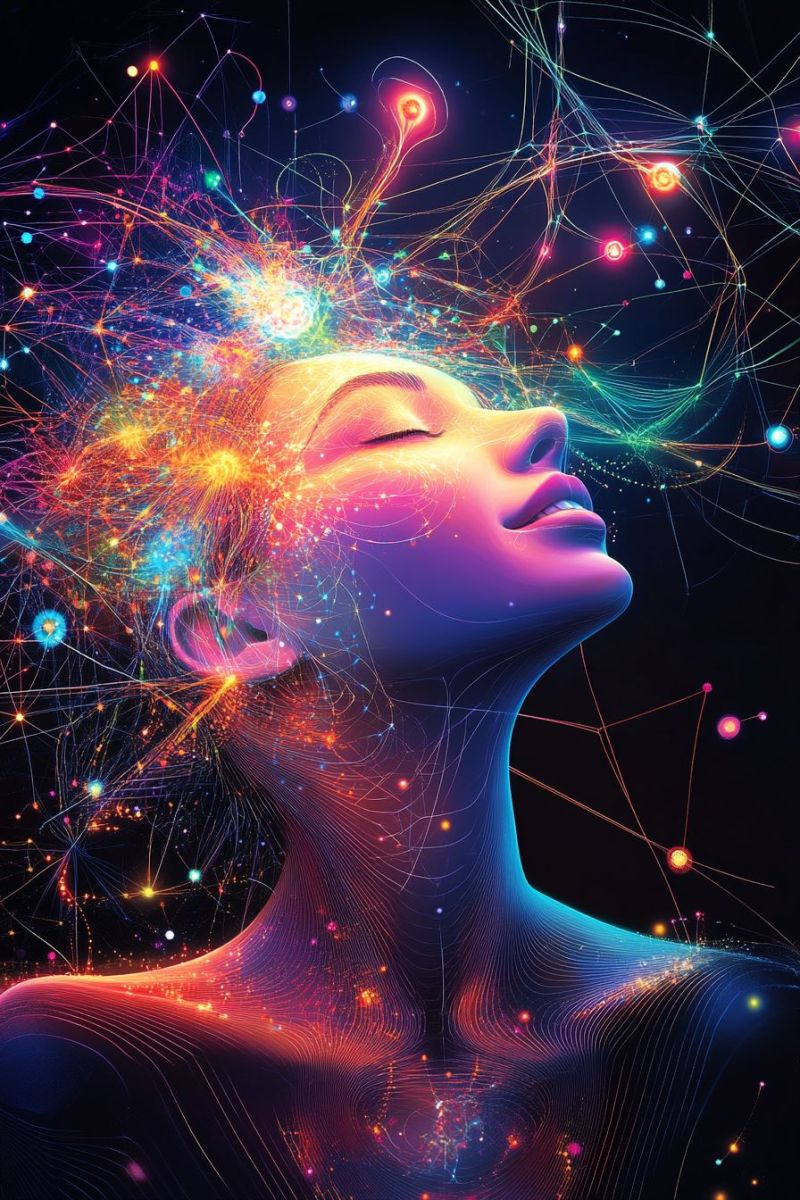 Beauty brain colorful concept dream energy fantasy female glow head imagination mind neurons A digital artwork features a woman's face with her eyes closed, looking upward. Her face is illuminated by a vibrant array of colors, including pink, blue, yellow, and green, creating a glowing effect. The background is dark, with intricate, glowing lines and dots that resemble a neural network or a complex web of connections. The lines and dots are multicolored, adding to the dynamic and futuristic feel of the image. The woman's hair is depicted as a series of glowing strands that blend into the background, enhancing the overall ethereal and otherworldly atmosphere.