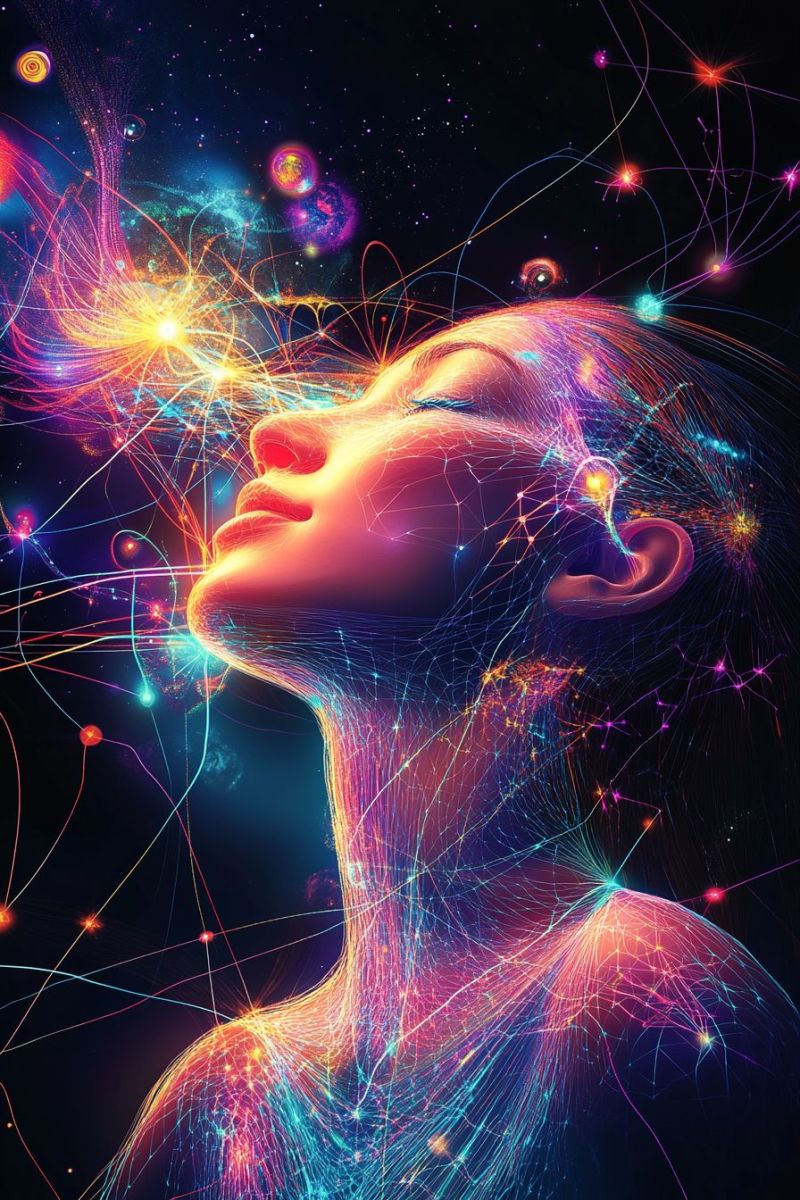 Resume beaute bleu brillant concept reve energie fantaisie eclat imagination neon rose violet espace etoile Visage de femme dans un style abstrait vibrant. Son visage est illuminé par un mélange de couleurs chaudes et froides, incluant des roses, des bleus et des violets. Ses yeux sont fermés, et ses cheveux s'élèvent, se fondant dans un réseau de lignes et de points lumineux qui ressemblent à des neurones ou à un réseau neuronal. Le fond est sombre, avec des lumières et des formes colorées dispersées qui ajoutent à l'atmosphère futuriste et mystique. L'effet global est surréaliste et irréel, suggérant des thèmes de conscience, de technologie et du cosmos.