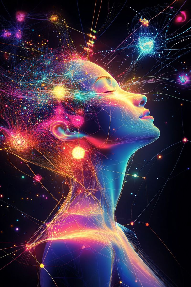 Blue bright colorful concept dream energy fantasy glow imagination neon pattern pink purple space star woman's face with her eyes closed, set against a vibrant, multicolored background. Her hair is depicted as a flowing, abstract mass of lines and dots in various colors, including blue, pink, yellow, and purple. The background is a complex network of glowing lines and dots, creating a futuristic and somewhat surreal atmosphere. The woman's face is illuminated by a soft, glowing light, and her skin appears smooth and radiant. The overall effect is one of a dreamlike, otherworldly scene, with the woman's serene expression adding to the tranquil mood.