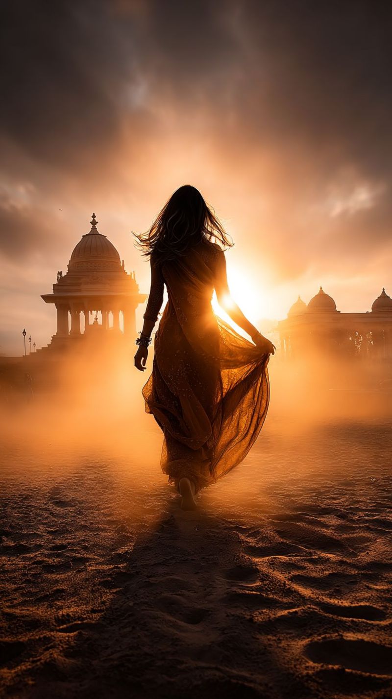 Woman sunset desert sand dust architecture building dome sky clouds travel exploration freedom beauty nature golden hour A woman in a flowing dress walks gracefully on a sandy beach at sunset. Her silhouette is backlit by the warm, golden light of the setting sun, casting a dramatic shadow on the sand. Behind her, a large, ornate building with multiple domes and arches stands against a back of a cloudy sky. The scene is bathed in a soft, orange glow, creating a serene and picturesque atmosphere.