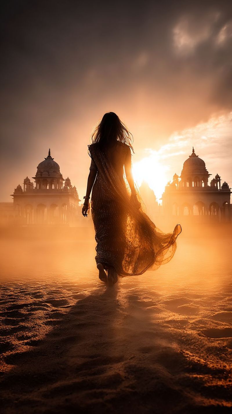 Femme desert coucher soleil architecture batiment ciel poussiere voyage periple liberte exploration culture tradition histoire ancien patrimoine monum Une silhouette de femme marche sur une surface sablonneuse, peut-être une plage, le dos tourné. Elle porte une robe fluide et un bracelet sur son poignet gauche. Le soleil se couche derrière elle, projetant une douce lueur sur elle et le sable. En arrière-plan, il y a deux grands bâtiments ornés avec des toits en forme de dôme et des motifs complexes. Le ciel est rempli de nuages, et les rayons du soleil transpercent, créant une atmosphère belle et sereine.