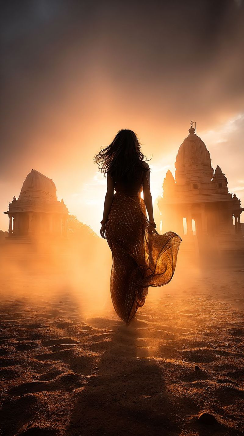 Woman temple sunset dust architecture building sky cloud sun sand desert journey freedom exploration ancient culture history travel A woman with long hair is walking in a sandy area with her back turned. She is wearing a flowing dress that catches the light. Behind her, there are two large, ornate structures that appear to be temples or shrines, with intricate designs and dome-shaped roofs. The sky is filled with warm, golden light, possibly from the setting sun, casting a soft glow on the scene. The overall atmosphere is serene and mystical.