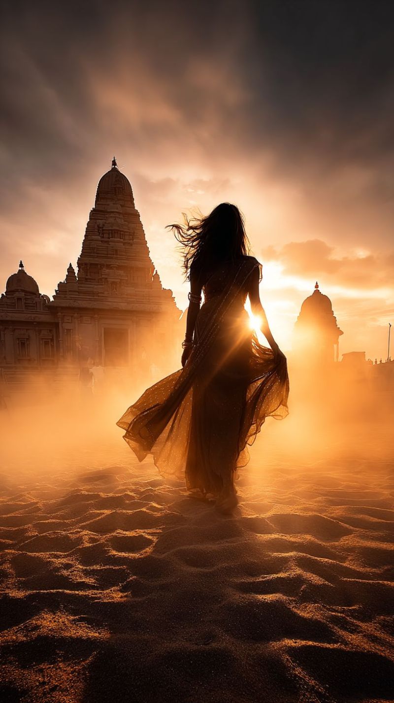 Temple coucher soleil architecture sable poussiere ciel batiment nuages voyage ancien culture histoire religion culte heure doree Une silhouette de femme se tient au premier plan, ses cheveux flottant dans le vent, portant une robe fluide qui capte la lumière. Derrière elle, un grand temple orné avec un toit en forme de dôme et des sculptures complexes est baigné dans la chaleur dorée du soleil couchant. L'ombre du temple tombe sur le sol sablonneux, créant un contraste dramatique. Le ciel est un mélange de teintes orange et roses, avec des nuages ajoutant de la texture à la scène. Au loin, une autre structure de temple est partiellement visible, contribuant à l'atmosphère sereine et mystique.