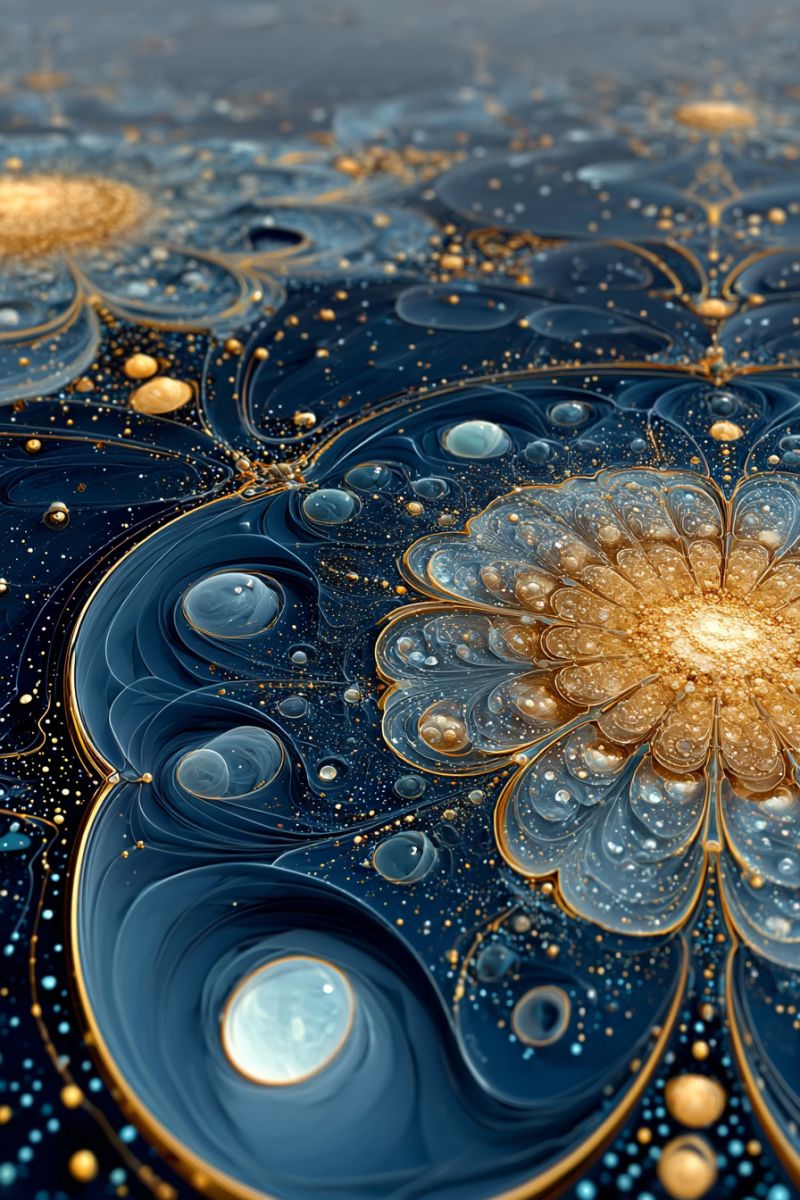 Bleu bulle design fleur fractal geometrique dore ratio spirale triangle section moyenne proportion Un design abstrait et complexe présente une fleur dorée centrale avec un coeur jaune éclatant, entourée de pétales bleus et dorés tourbillonnants. Les pétales sont ornés de délicates gouttes d'eau, dont certaines sont mises en valeur en or. Le fond est d'un bleu profond, parsemé de petits points dorés et bleus étincelants, créant un effet scintillant. La composition globale est riche en texture et en couleur, avec un sentiment de mouvement et de profondeur.