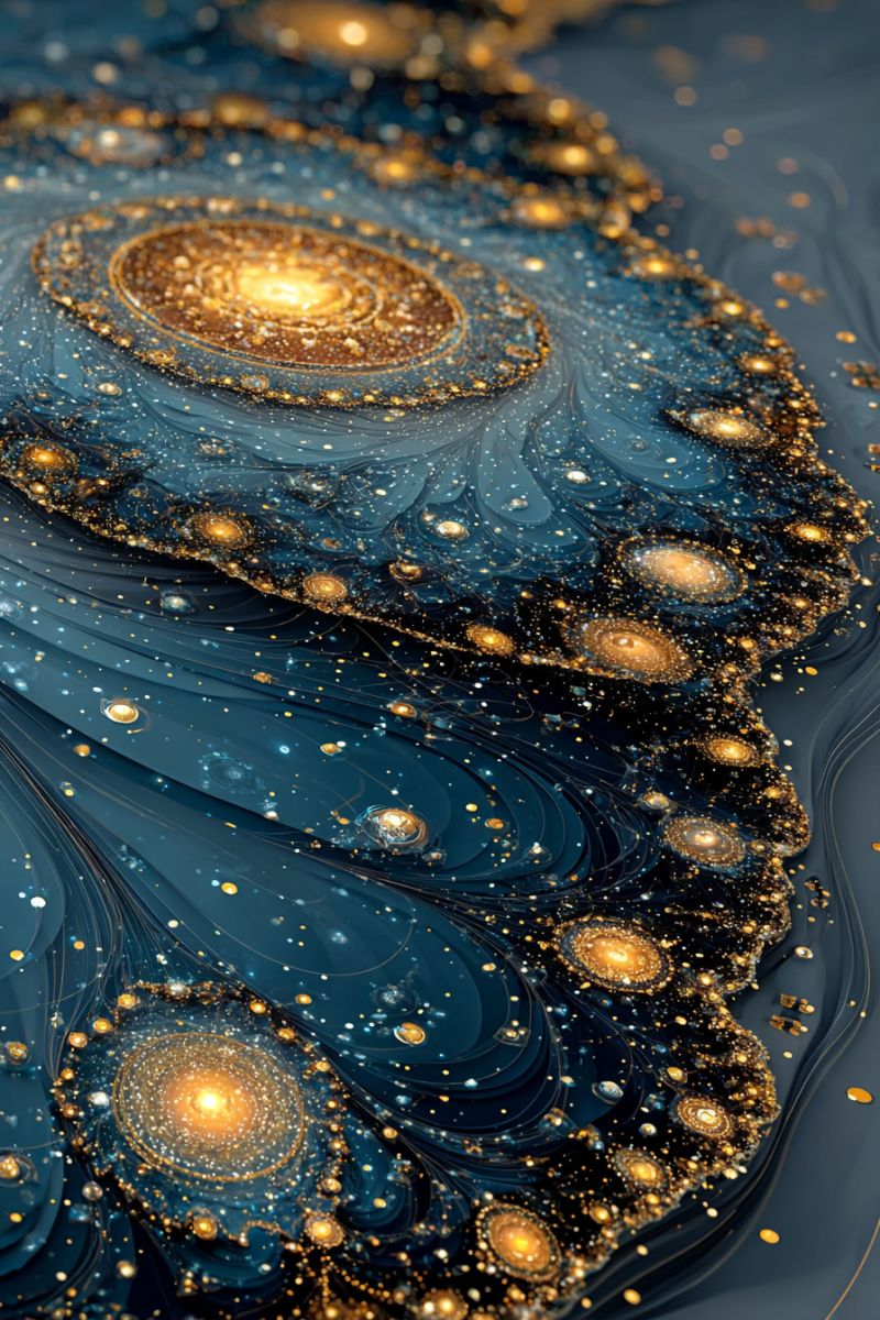 Galaxie espace univers cosmos etoile nebuleuse astronomie texture design fractal papillon infinite Fond bleu profond avec des motifs complexes et tourbillonnants qui ressemblent à des galaxies ou des nébuleuses. Ces motifs sont ornés de points dorés et jaunes, donnant l'impression d'étoiles dispersées dans l'espace. La partie centrale de l'image présente une grande structure dorée circulaire avec un centre jaune vif, entourée de plus petits cercles et points dorés. Le design global est très détaillé, avec un sentiment de profondeur et de mouvement, comme si les motifs flottaient et se déplaçaient dans un environnement cosmique.