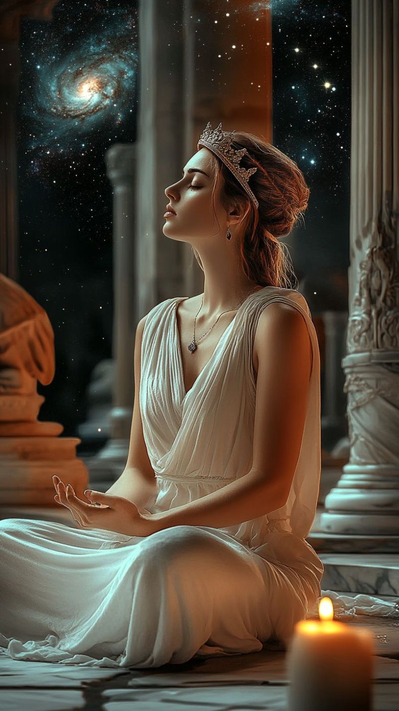 Woman crown dress candle galaxy meditation ancient architecture beauty classical dark elegant sculpture statue temple worship A woman sits cross-legged on a marble floor, wearing a white dress and a crown. She gazes upward, seemingly lost in thought, with her eyes closed. She wears a necklace and earrings. Behind her, a candle burns, casting a warm glow. To her left, a statue of a person sits on a pedestal. The background features a starry night sky with a galaxy prominently displayed.