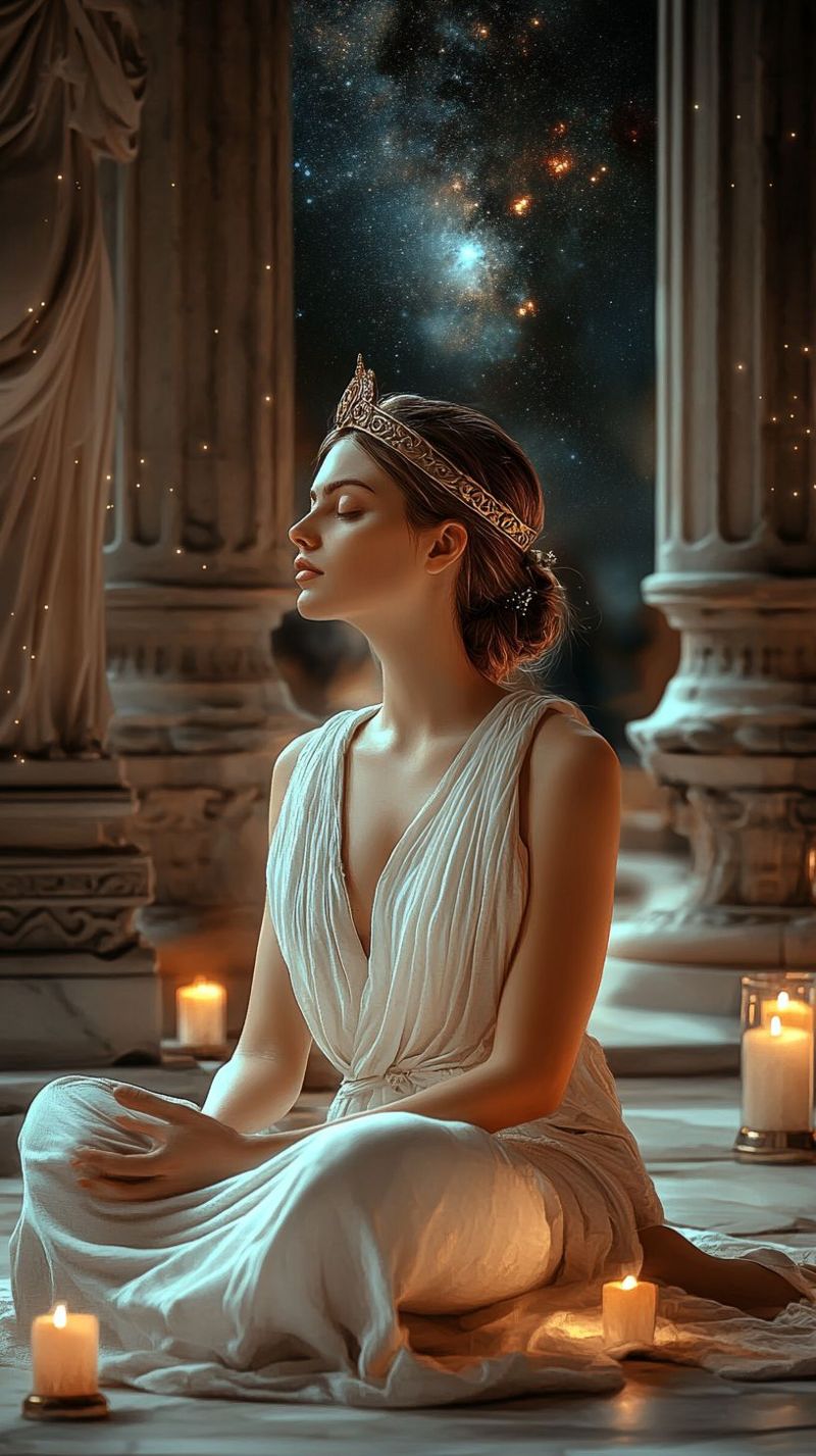 Woman crown candle meditation ancient statue temple galaxy star dark night space universe cosmos astronomy celestial heaven infinity dream A woman sits cross-legged on a marble floor, wearing a white dress and a golden crown. She has her eyes closed, appearing to be in deep meditation or contemplation. Behind her, there is a large, ornate window with a view of a starry night sky. Two lit candles are placed on either side of her, casting a warm glow. The setting is within a grand, ancient-looking structure, possibly a temple or a palace, with pillars and intricate carvings visible in the background.