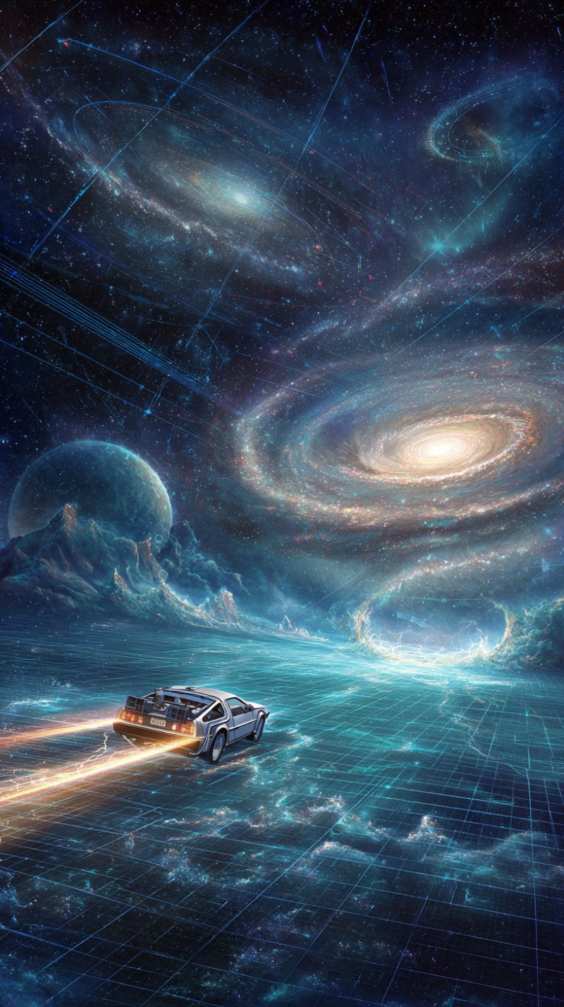 Space galaxy universe star cosmos astronomy nebula planet science exploration celestial cosmic spaceship futuristic technology imagination outer starr futuristic scene with a DeLorean car traveling through a cosmic landscape. The car is positioned in the foreground, emitting a bright light as it moves forward. The background features a vast, starry sky with multiple galaxies, including spiral galaxies with swirling arms and glowing centers. The sky is filled with stars, nebulae, and other celestial bodies. The car is surrounded by a grid-like pattern on the ground, which adds a sense of depth and dimension to the scene. The overall atmosphere is one of adventure and exploration, with the car seemingly traveling through different dimensions or timelines.