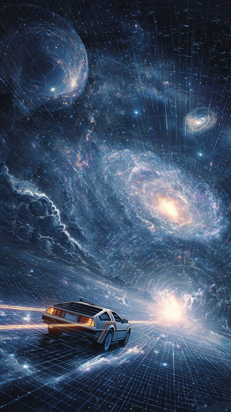 Space galaxy universe star astronomy cosmic celestial nebula stardust cosmology spacecraft exploration futuristic scene with a sleek, silver car resembling the DeLorean from 