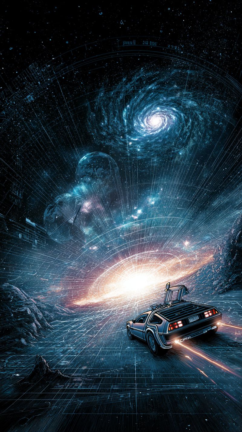 Car space galaxy universe dark night sky astronomy science fiction fantasy painting spaceship travel futuristic scene with a DeLorean car traveling through a wormhole. The car is positioned centrally, with its hood open, and it emits a bright light from its back, suggesting it is in motion. The wormhole is depicted as a swirling vortex of colors, primarily blue and white, with a glowing center. The background is a dark, starry sky filled with galaxies, planets, and other celestial bodies. The overall atmosphere is dynamic and filled with energy, with light rays and streaks of light emanating from the wormhole and the car.