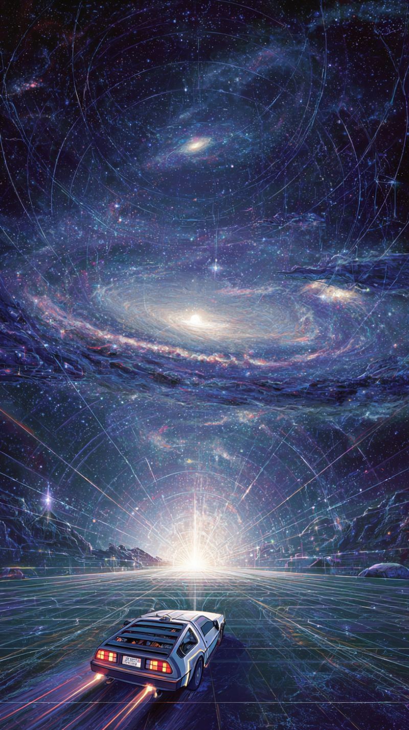 Car space galaxy universe speed travel imagination fantasy night stars nebula cosmic road adventure exploration technology science fiction futuristic car, resembling the DeLorean from the 