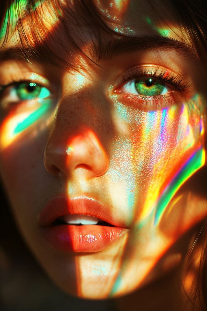 Visage femme oeil levres Un gros plan du visage d'une femme avec des effets de lumière vibrants et colorés. Ses yeux sont verts et semblent avoir une légère lueur, avec de longs cils foncés. Ses lèvres sont peintes d'une couleur rouge vif, et ses joues ont une teinte rosée subtile. La lumière crée un effet arc-en-ciel sur son visage, avec des nuances de bleu, vert, jaune et rose. Ses cheveux sont foncés et légèrement ébouriffés, avec quelques mèches tombant sur son visage. L'effet global est rêveur et surréaliste.