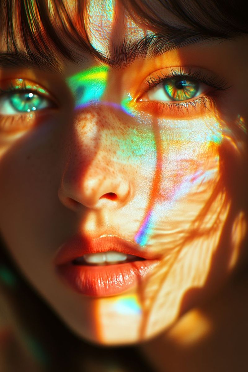 Visage femme oeil beaute peau reflet cheveux maquillage levres cils taches rousseur gros naturel mode Un portrait en gros plan du visage d'une femme avec des effets de lumière vibrants et colorés. Ses yeux sont bien mis en valeur, avec un oeil affichant un effet semblable à un arc-en-ciel à travers l'iris, et l'autre oeil reflétant la lumière avec un léger flou. Sa peau a quelques taches de rousseur, et ses lèvres sont peintes d'une couleur rouge vif. La lumière crée un effet scintillant sur son visage, ajoutant une touche magique et artistique à l'image