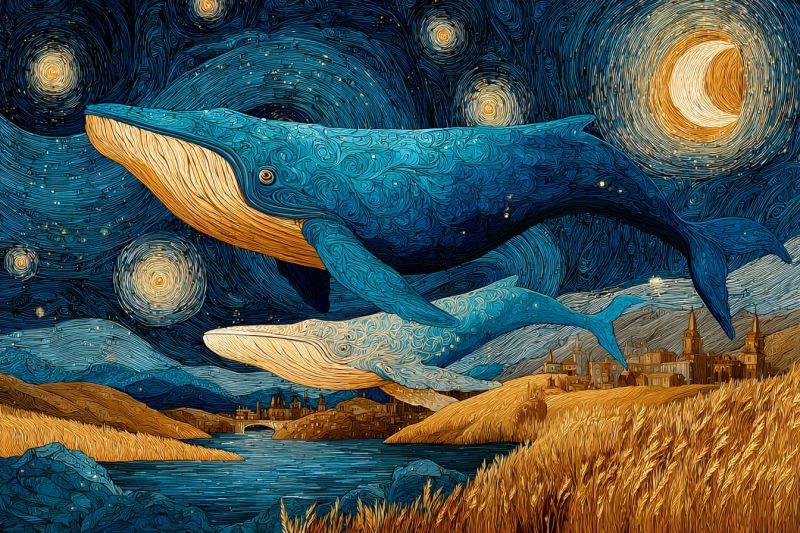 Nuit ciel baleine eau etoile lune ville champ pont colline bourg riviere architecture batiment herbe urbain aquarelle Au premier plan, il y a un champ de blé doré et haut. À droite, il y a une petite ville avec plusieurs bâtiments, dont certains ont des flèches. La ville est nichée entre deux collines. Au milieu du plan, il y a une rivière avec un pont qui la traverse. Au-dessus de la rivière, il y a deux baleines en plein vol, l'une plus grande que l'autre. Le ciel est d'un bleu profond avec des motifs tourbillonnants d'étoiles et un croissant de lune. Les baleines sont représentées dans un style rappelant Van Gogh, avec des coups de pinceau épais et texturés.