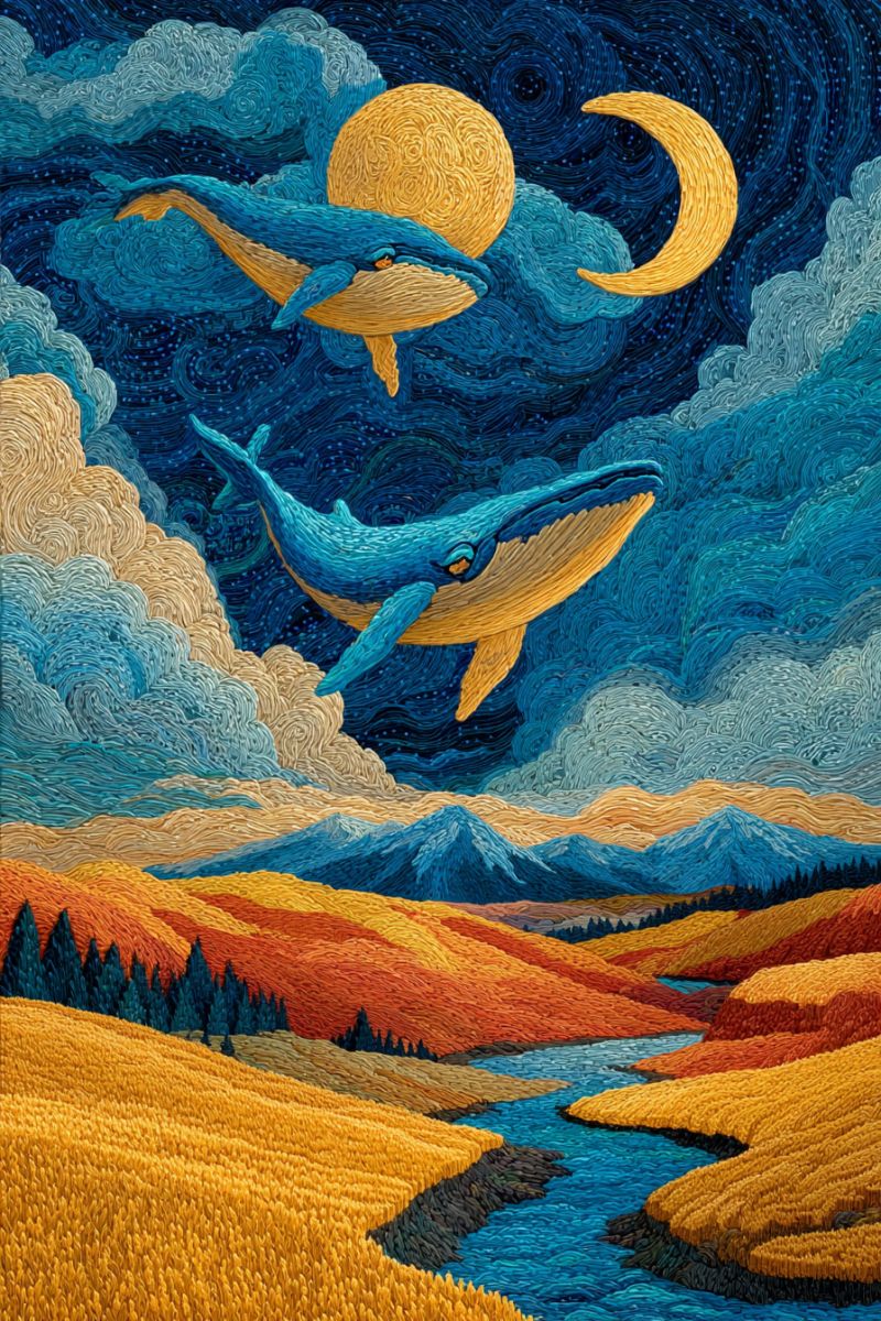 Nature aquarelle montagne riviere ciel nuages lune croissant dauphin ocean mer arbres collines herbe champs soiree Un ciel nocturne avec deux baleines sautant hors de l'eau. Les baleines sont bleues et jaunes, avec des détails complexes dans leurs textures. Le ciel est rempli de nuages tourbillonnants et d'étoiles, et il y a une grande lune jaune et une lune croissant dans le ciel. L'arrière-plan présente un paysage montagneux avec une rivière qui coule à travers, entouré de champs de blé doré. Toute la scène est rendue dans un style texturé, presque brodé, lui donnant une apparence unique et artistique.