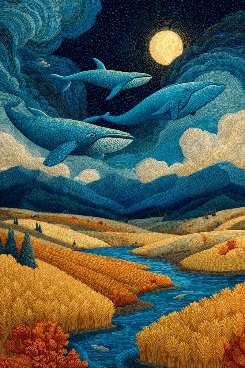Nuit lune baleines ciel nuages eau riviere collines arbres herbe automne saison nature faune imagination La peinture représente une scène de nuit sereine avec trois baleines bleues nageant gracieusement dans le ciel. Le ciel est d'un bleu profond, parsemé d'étoiles et illuminé par une pleine lune brillante. En dessous des baleines, il y a une vaste étendue de montagnes et une rivière traversant un champ de blé doré. Le blé est haut et doré, avec certaines zones montrant des signes d'automne avec des teintes rouges et orange. La rivière est calme, reflétant la lumière de la lune et les silhouettes des baleines. L'atmosphère générale est paisible et magique, avec les éléments naturels se mêlant harmonieusement.