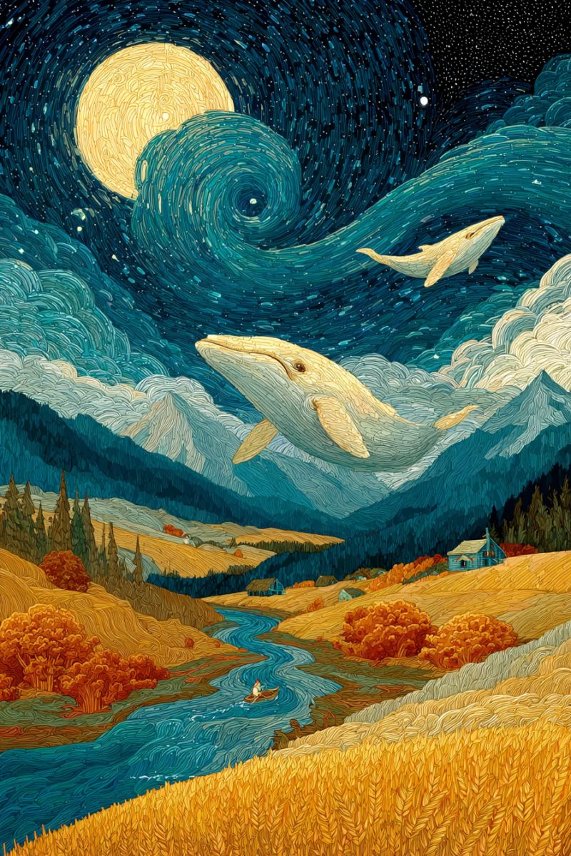 Painting night sky moon stars clouds water river boat trees hills mountains house fields crops grain autumn fall season serene night scene with a large, glowing full moon in the sky, surrounded by a swirl of stars. Two white whales are gracefully swimming in the sky, one above the other, with their bodies curving in a natural, fluid motion. The sky is painted in deep blues and teals, creating a sense of depth and tranquility. Below the whales, there is a vast landscape featuring a river winding through golden fields of wheat, with trees and a small house visible in the distance. The overall atmosphere is peaceful and dreamlike, with a touch of whimsy.