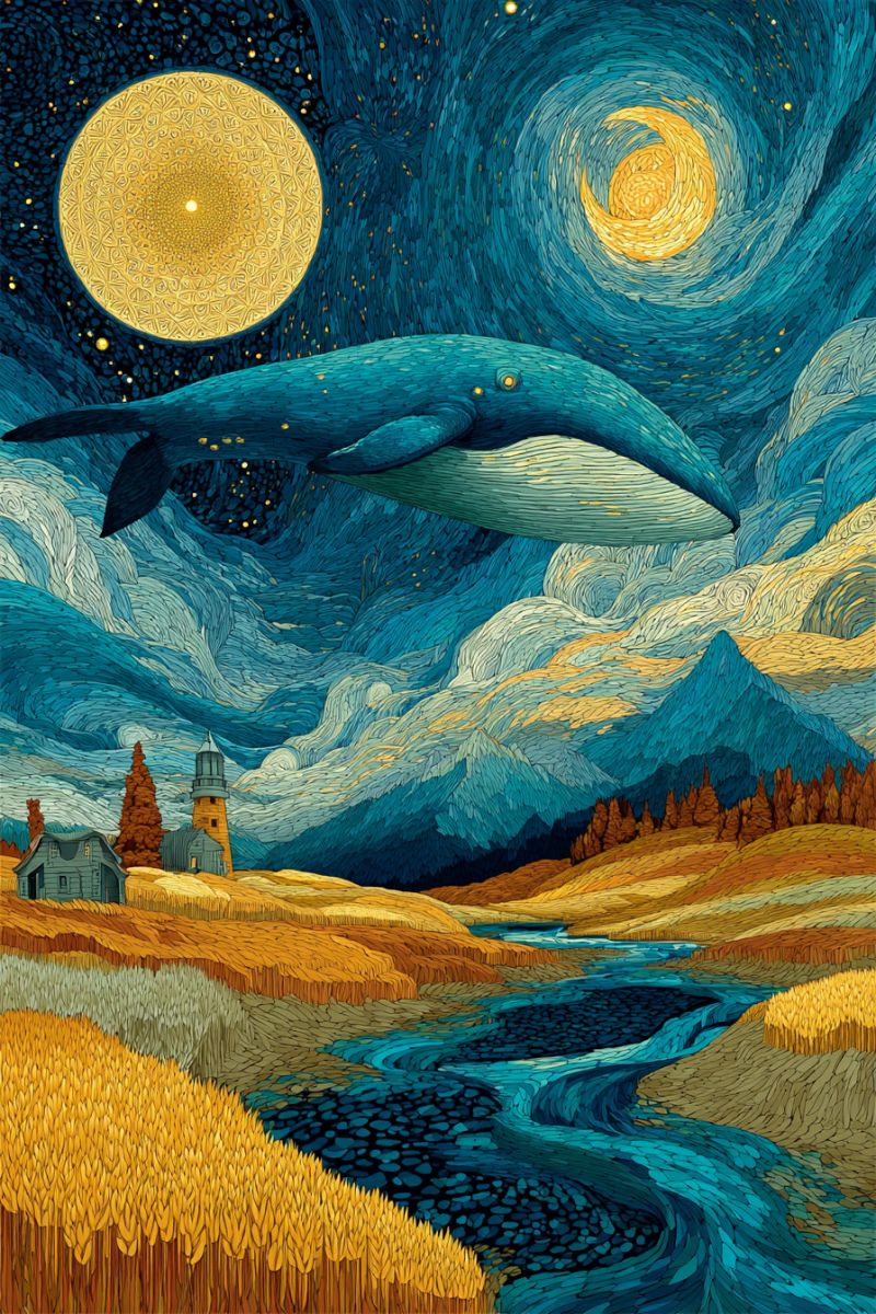 Nuit ciel lune etoiles montagnes riviere maison arbres ble phare nuages eau fantaisie onirique Dans le ciel nocturne, une grande baleine bleue flotte gracieusement, son corps s'incurvant vers le haut. Le ciel est d'un bleu profond, orné de motifs tourbillonnants et de deux lunes proéminentes. Une lune est dorée avec des dessins complexes, tandis que l'autre est un croissant jaune vif. En dessous, un paysage serein se déploie avec une rivière serpentant à travers des champs dorés de blé. Au loin, une petite maison et un phare se dressent sur fond de collines ondulantes et d'une chaîne de montagnes lointaine. La scène est peinte avec des couleurs vibrantes et des coups de pinceau détaillés, créant une atmosphère onirique.